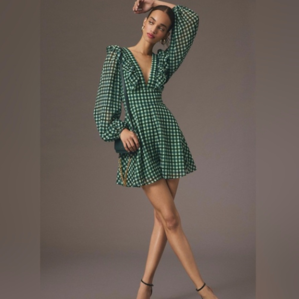 Hutch Green Gingham Long-Sleeve Mini Jumpsuit